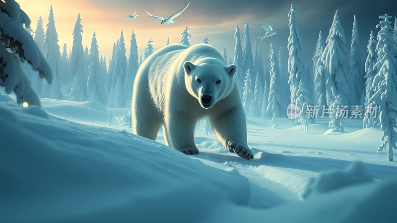 北极熊漫步雪原