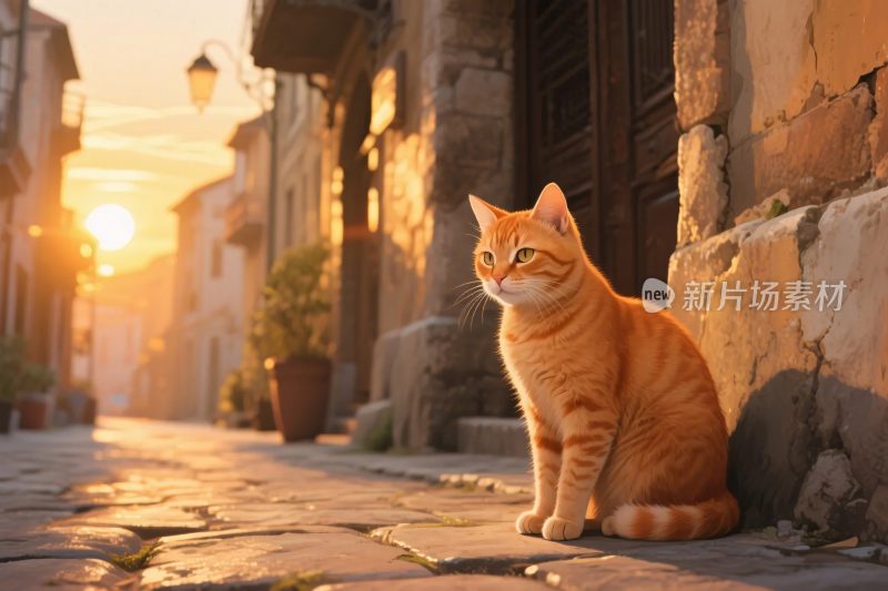 巷中小猫夕阳图