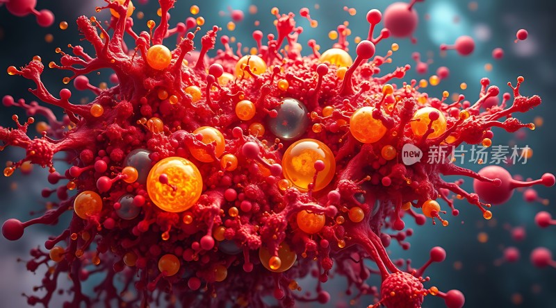 红色病毒粒子与橙色球体交织的艺术图