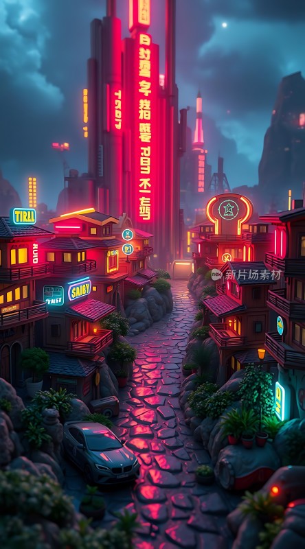 霓虹灯下的未来都市风情街