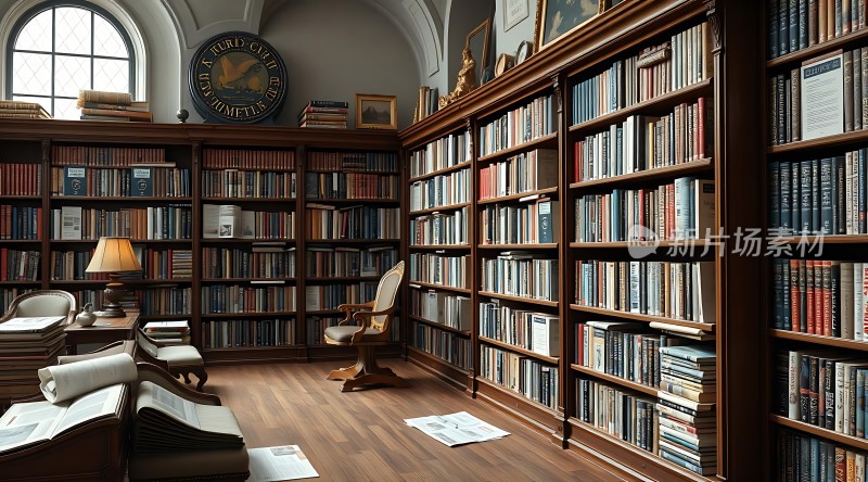古色古香的书房书架上的书籍和舒适的座椅