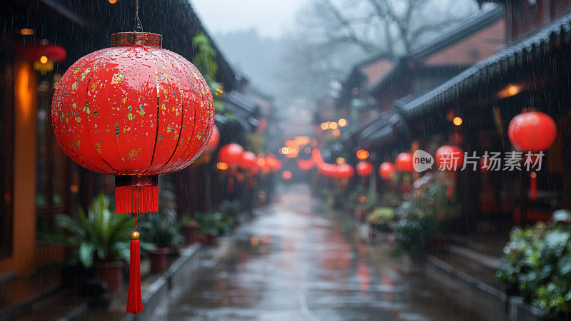 江南雨巷红色灯笼夜景