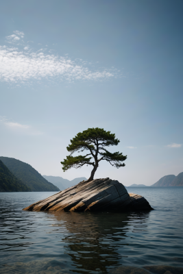 水中央的一块岩石上着一棵孤树高清风景图片