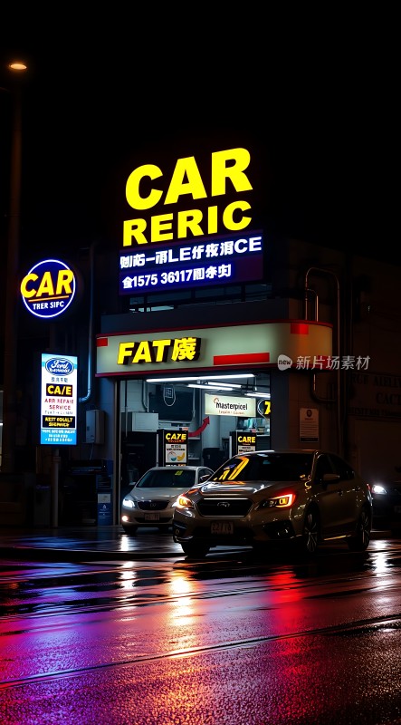 夜晚车行霓虹灯下的汽车美容店