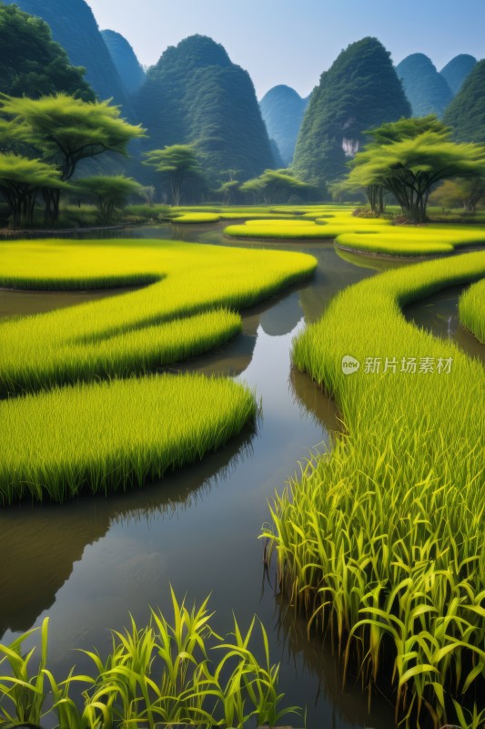 草地中间有水和树木高清风景图片