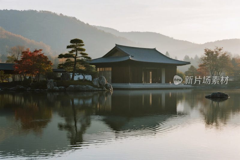 山水古建湖泊风景图
