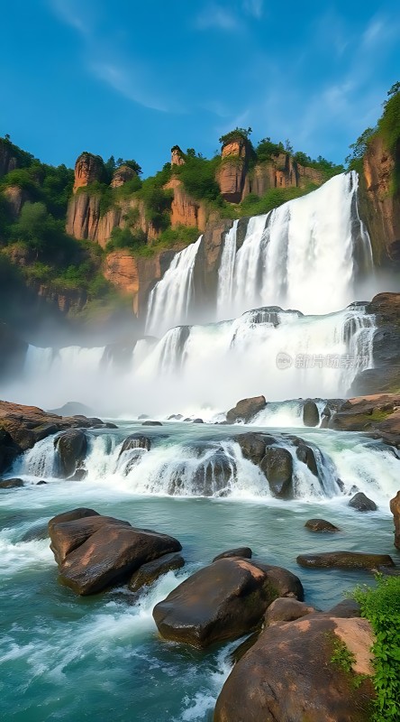 瀑布群飞流直下碧波荡漾绿树成荫