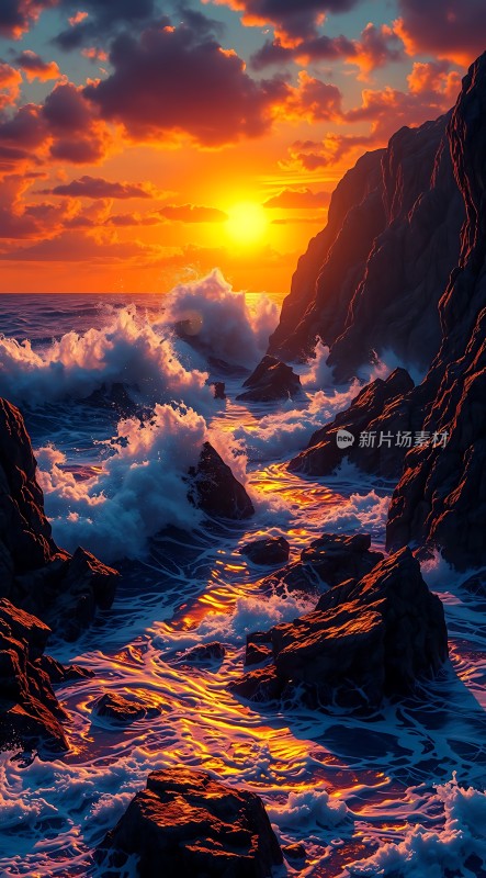 日落时分的海浪与岩石