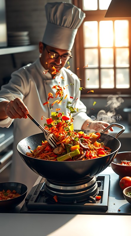 厨师烹饪美味佳肴食材飞溅色彩鲜艳