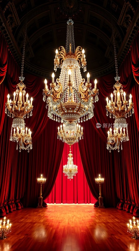 华丽吊灯与红色幕布映衬下的舞台