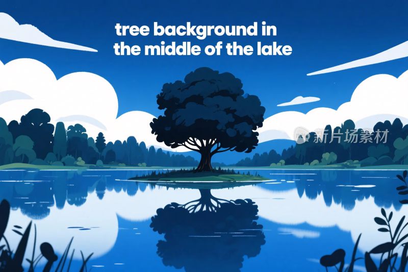 湖泊大树插画背景