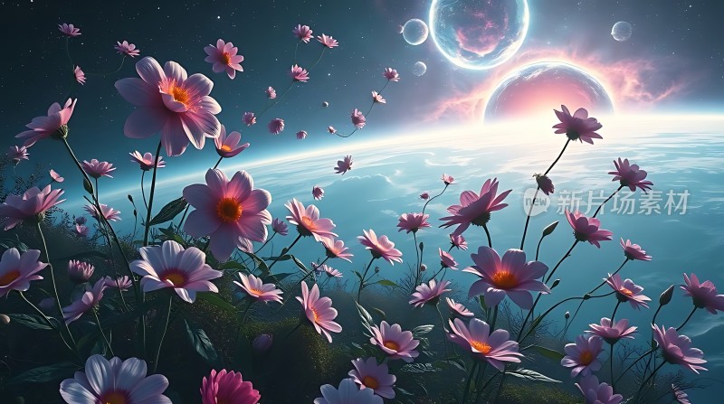 宇宙花语粉色花朵与神秘星球