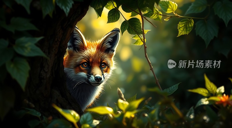 阳光下的红狐探出头