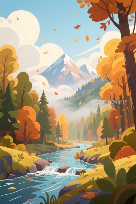 秋季山水风景插画