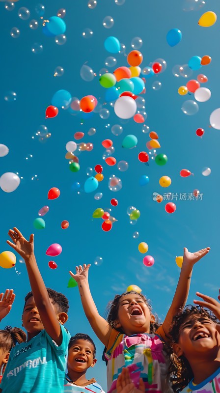 蓝天下的孩子们放飞气球色彩斑斓充满童趣
