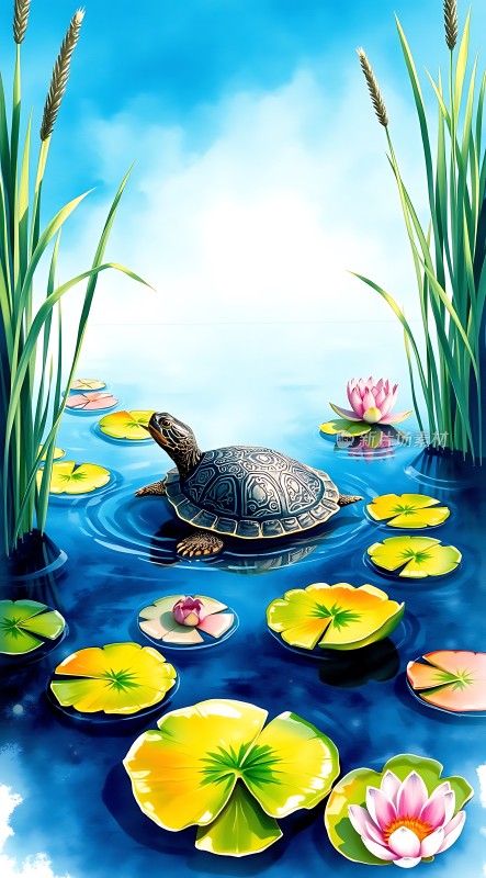 湖中游弋的乌龟与荷花