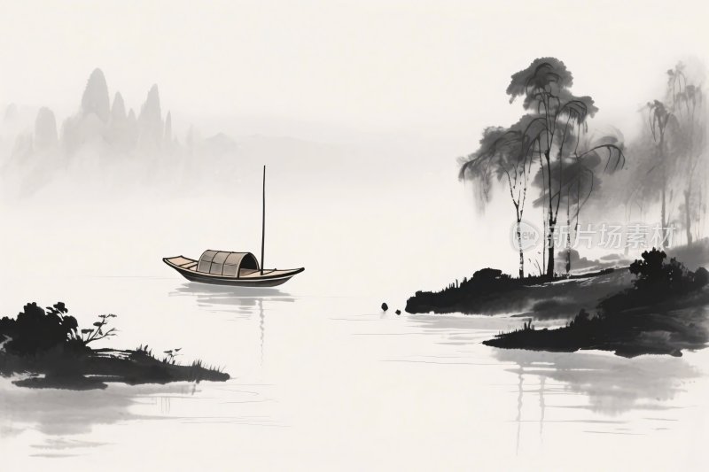 水墨山水小船插画
