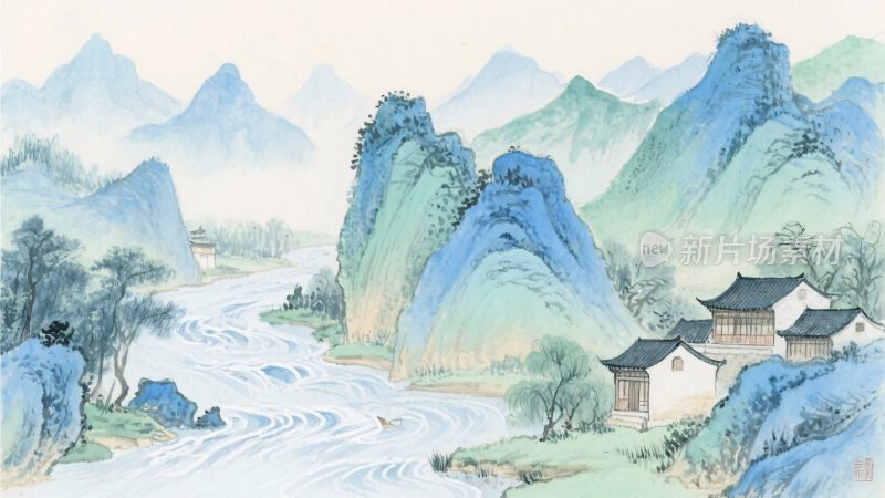 山水水墨风景插画