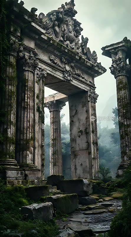 古建筑遗迹石柱与雕刻