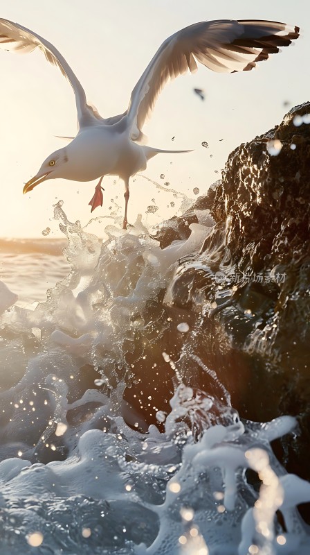 海鸥翱翔于浪花飞溅的海岸线之上