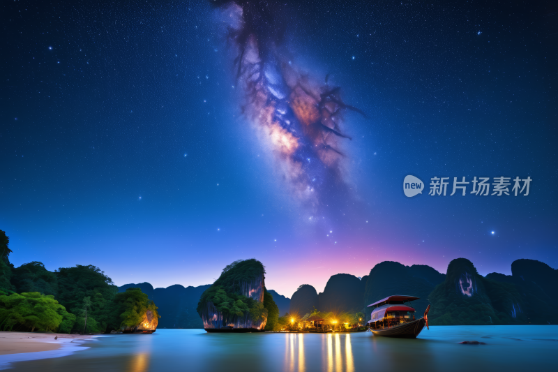 星空夜空一艘船和一个星系高清风景风光图片