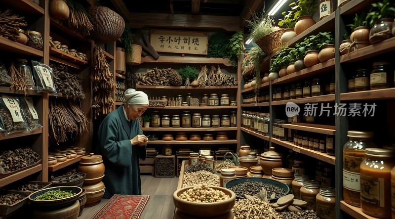 药铺里的老中医在认真配药