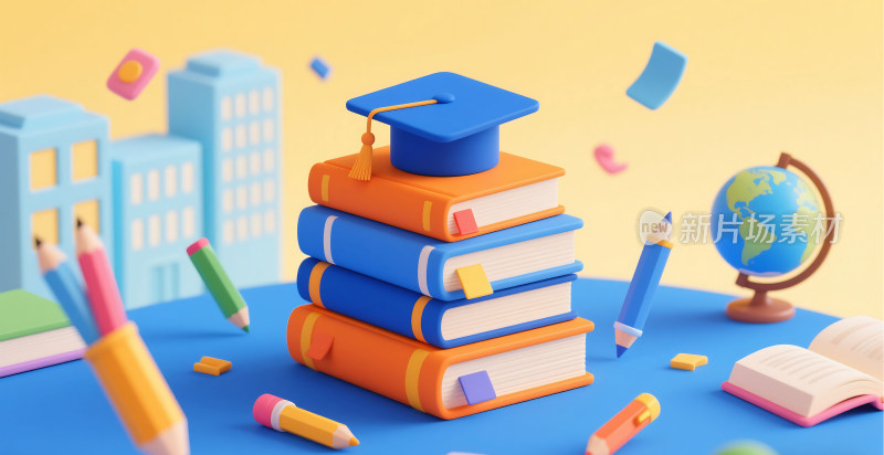 3D卡通毕业季书籍与学士帽