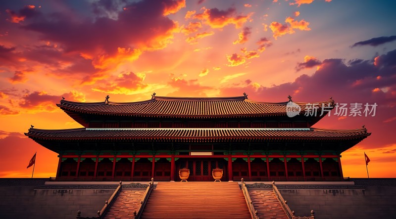 故宫日落红墙金瓦映衬下的壮丽景象