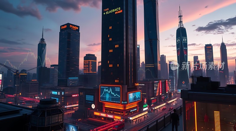 未来都市夜景摩天大楼与霓虹灯光交织的繁华景象