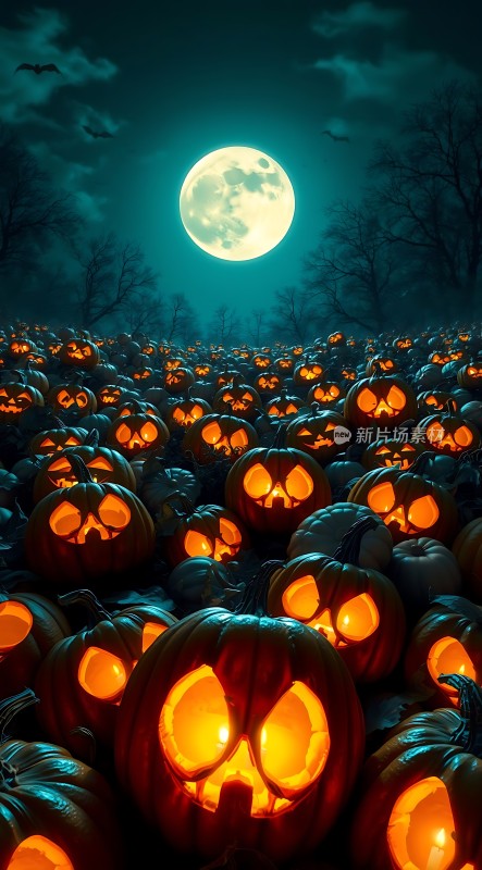 万圣节之夜南瓜灯与满月