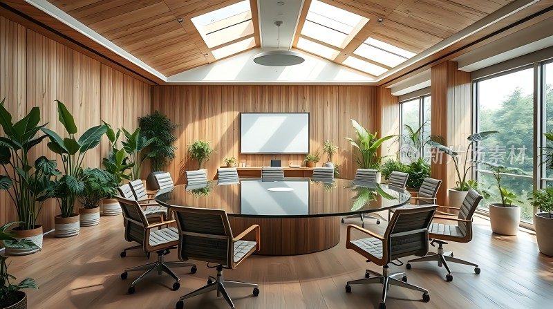 现代会议室木质装饰与绿植点缀自然光线充足科技感十足