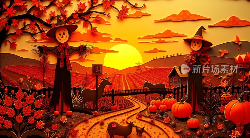 秋日田园风光南瓜与稻草人共舞