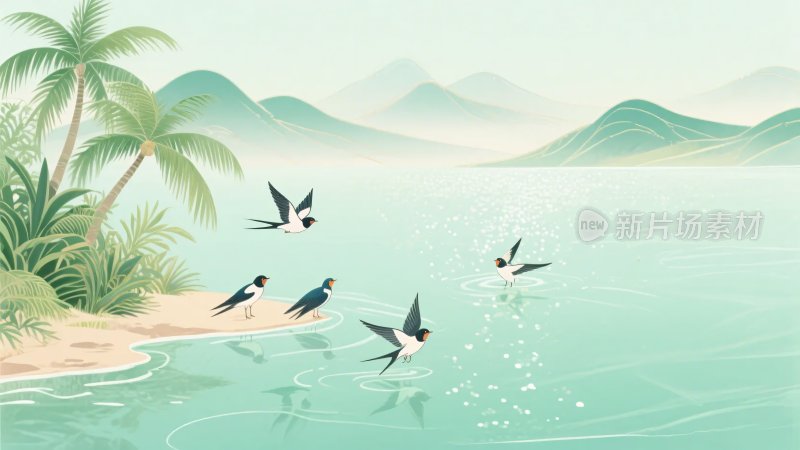 海边飞鸟与绿植风景插画