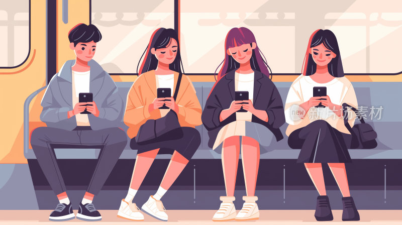 地铁里的年轻人都在低头玩手机的插画