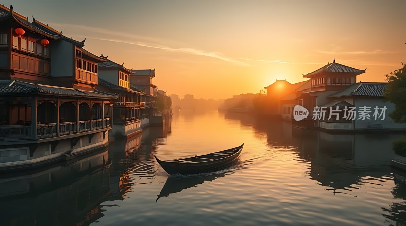古风日落水乡船影