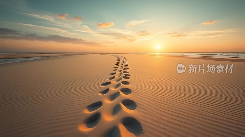 日落沙滩上的足迹之旅