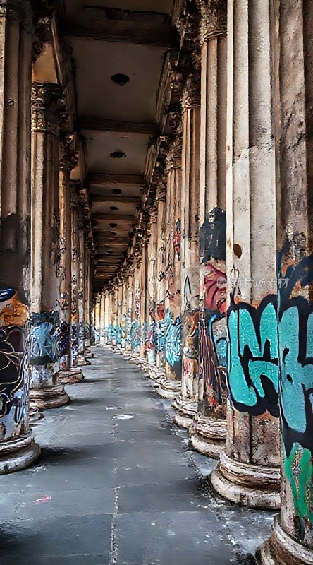 废弃建筑中的涂鸦艺术走廊