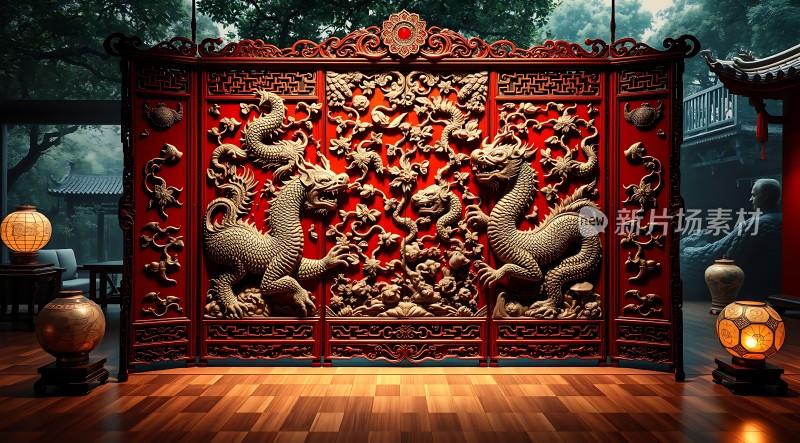 古韵红木雕龙屏风