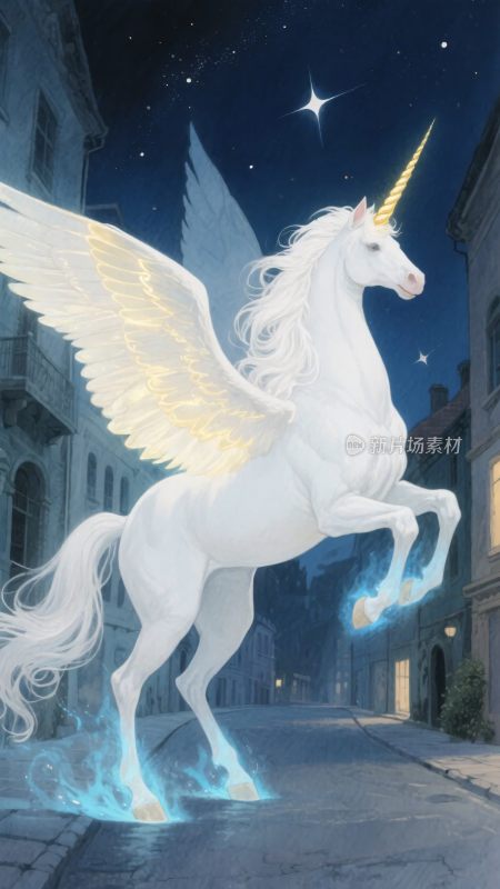 梦幻独角兽于夜空街道起舞