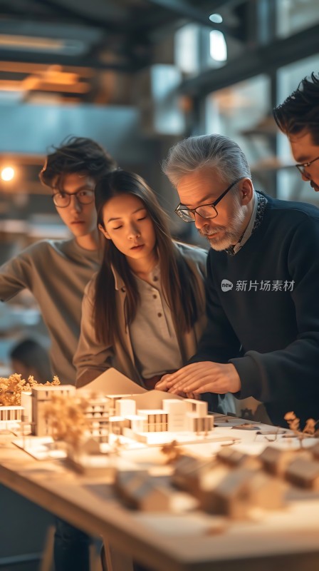 团队协作共同探讨建筑模型设计