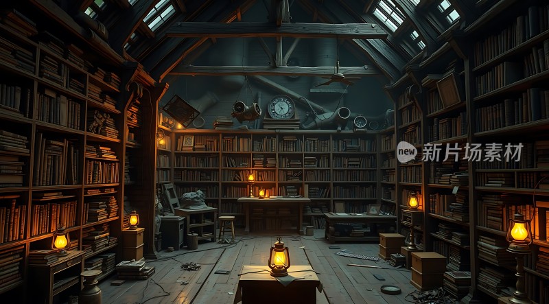 神秘古旧书房书架、钟表与灯笼营造静谧氛围