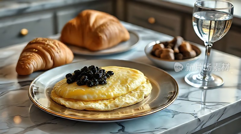法式早餐可颂面包、煎蛋配黑莓和清水