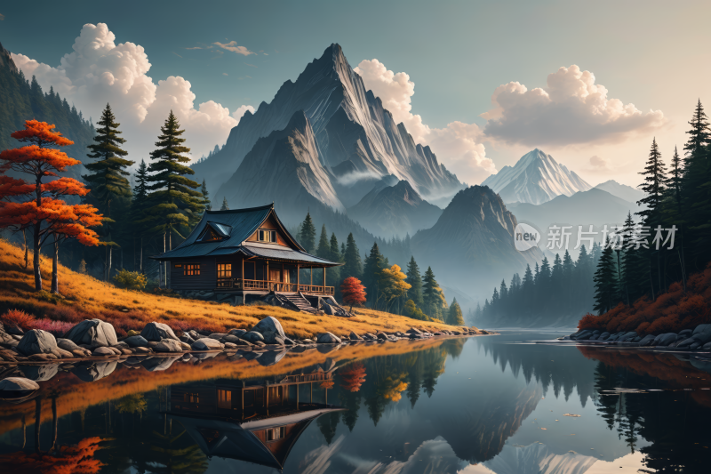 山湖上的一间小屋的一座高山清风景插画图片