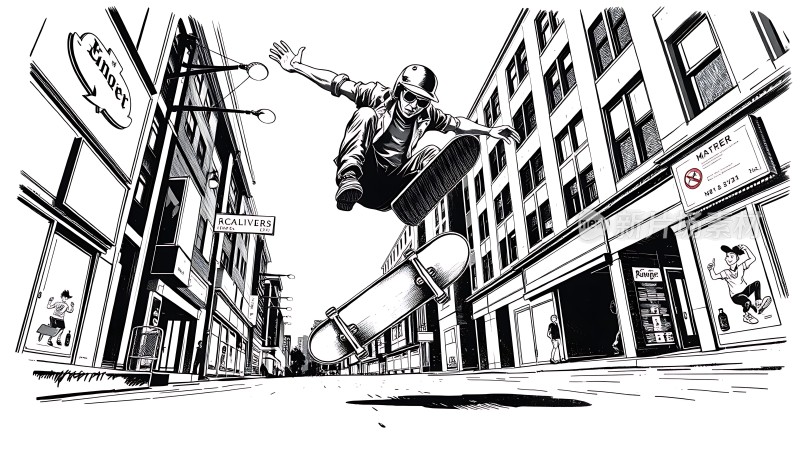 滑板少年飞跃城市街头