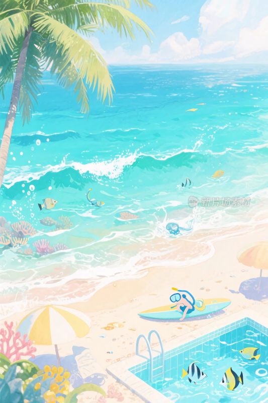 夏日海边度假插画场景