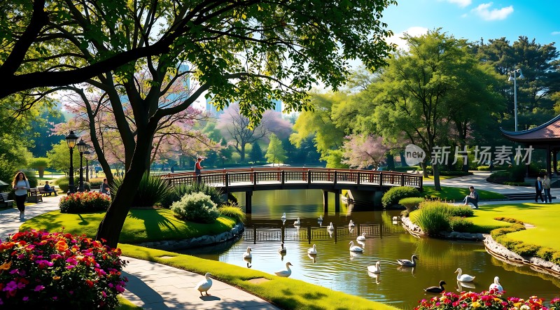 春日公园美景绿树成荫鲜花盛开小桥流水白鹅戏水游人悠闲