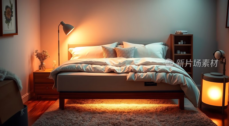 温馨卧室舒适床铺柔和灯光宁静夜晚
