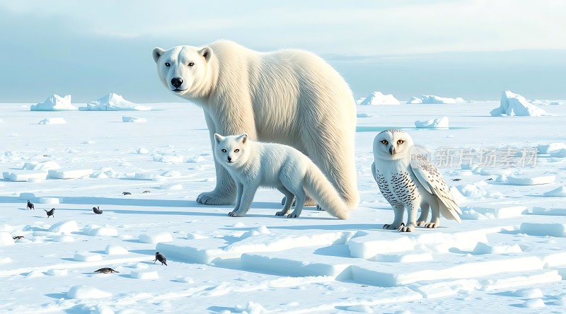 北极熊、狐狸与雪鸮共舞冰原
