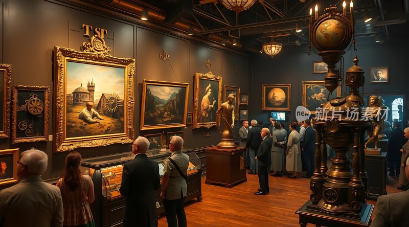 艺术馆内参观者欣赏画作与雕塑
