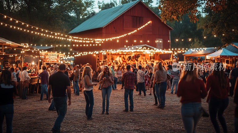 夜幕下的乡村集市灯光闪烁人群熙攘